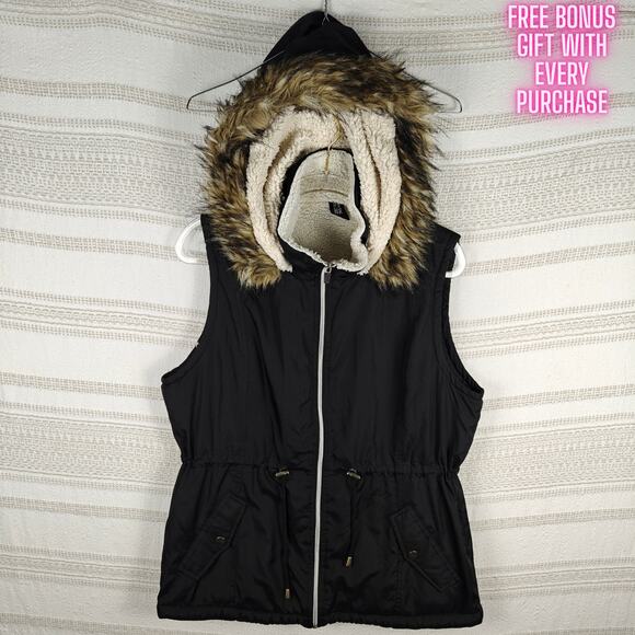 Athletic Collection Black Faux Fur Hooded Vest Size XL Lined - Picture 1 of 8